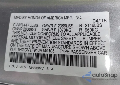 2018 Honda Accord Touring z USA, uszkodzony, nr VIN 1HGCV1F91JA149105